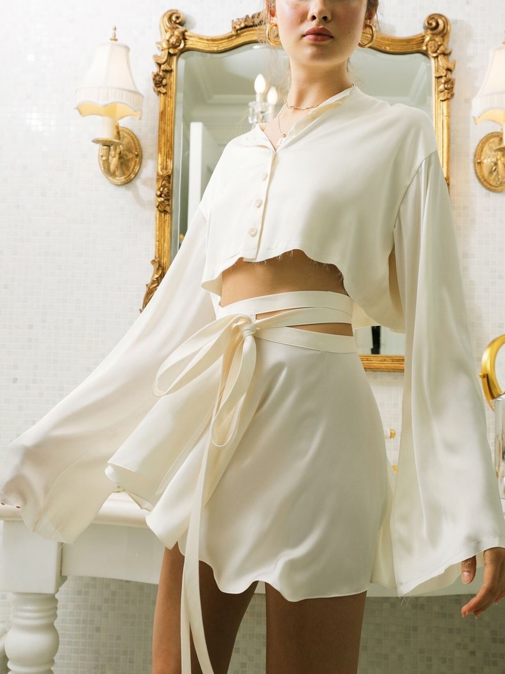 Orseund Iris Cream Satin Cropped Raw hem button up Top | XS